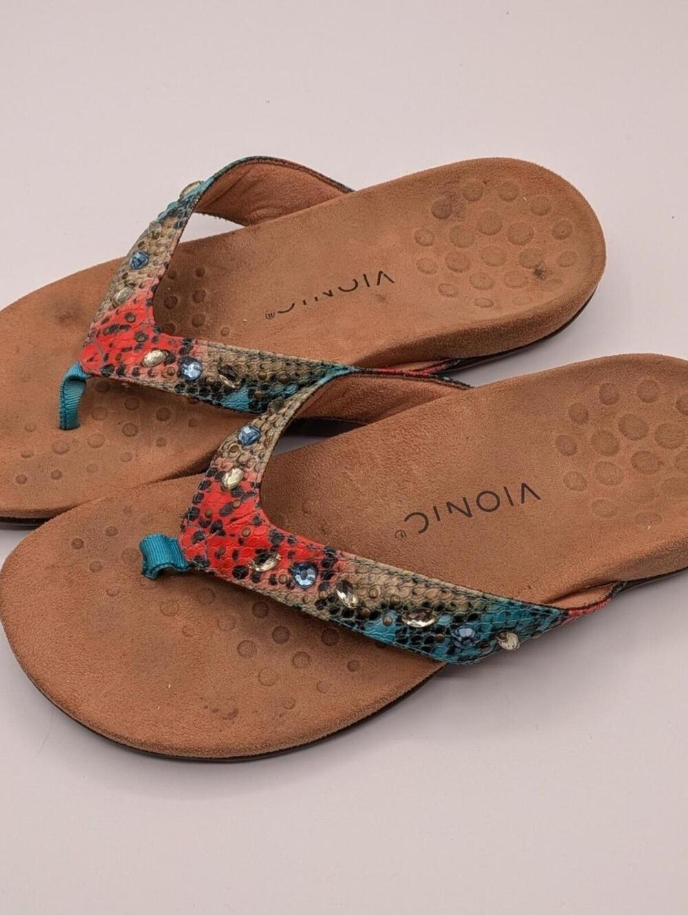 Vionic US 9 Orthotic Lucia Snake Skin Orange Teal Rhinestone Orthotic Sandals